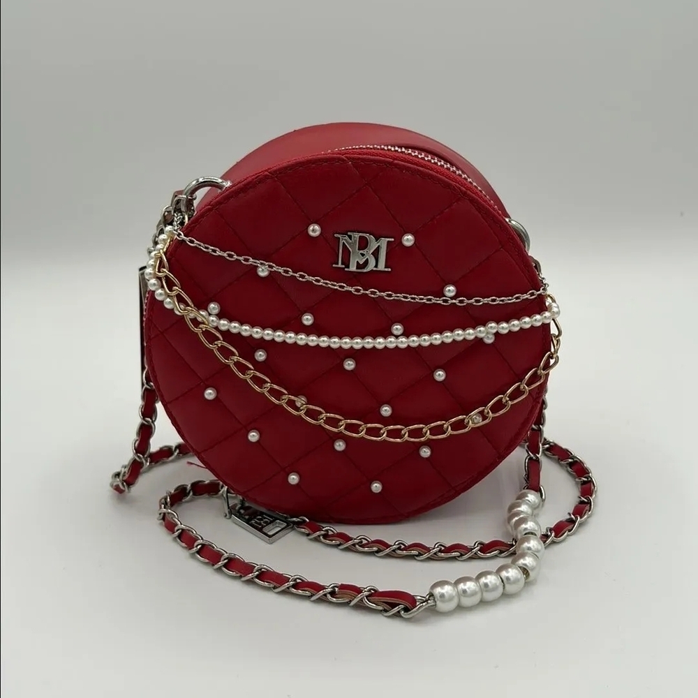 Badgley Mischka Red Quilted Mini Bag with Chain and Pearl Accents